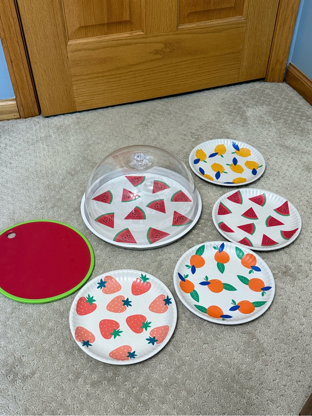 Set of Melamine Plates, Cake Dome, & Cutting Board - perfect for outdoor dining!